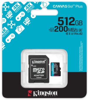 Kingston Canvas Go Plus 512GB microSD muistikortti puhelimille, sekä drone- ja action-kuvaukseen