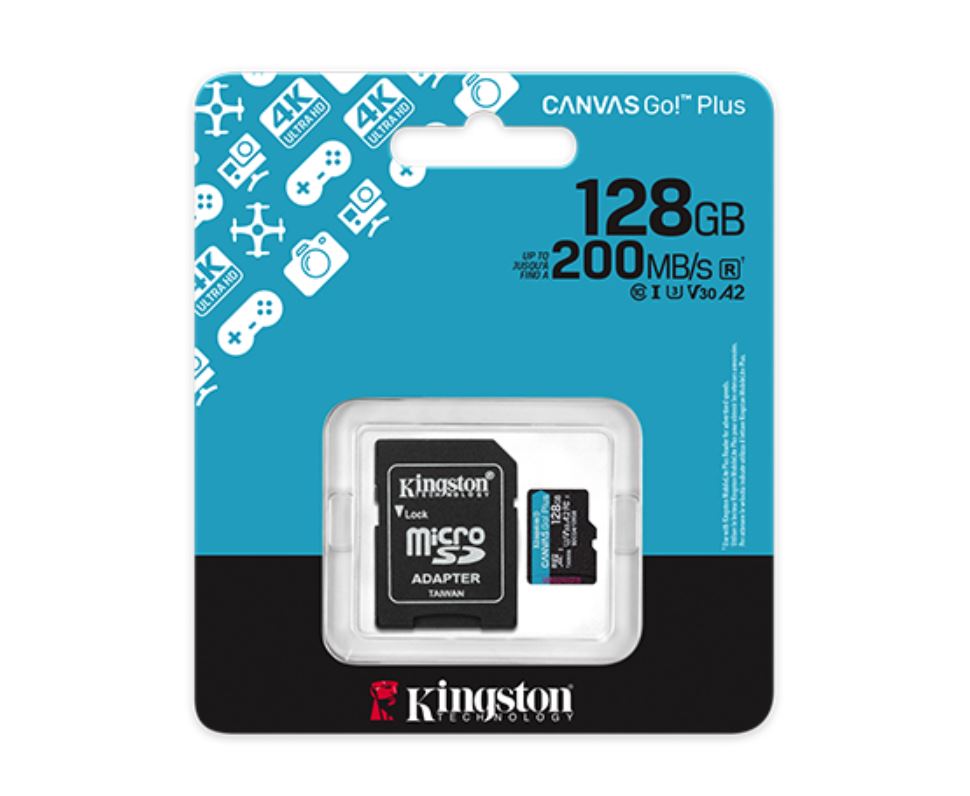 128GB microSD muistikortti Kingston Canvas Go Plus, optimaalinen action-kameraan, droneen ja mobiilipelaamiseen 128GB microSD muistikortti v30