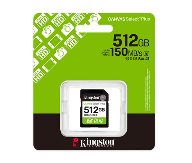 Kingston Canvas Select Plus 512GB SDXC U3/V30 -muistikortti 512GB SDXC muistikortti Kingston Canvas Select Plus V30 4K kuvaukseen