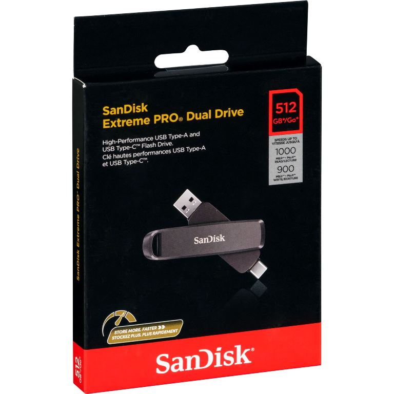 SanDisk Extreme PRO Dual Drive 512GB USB-C + USB-A -muistitikku SanDisk 512GB dual drive muistitikku metallirungolla