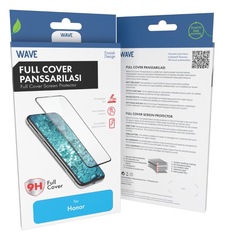 Wave Full Cover Panssarilasi suojaa puhelimen näyttölasin erittäin kattavasti.