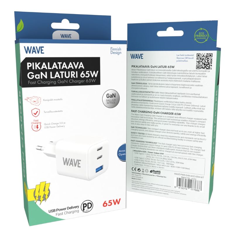 Wave 65W Pikalataava verkkolaturi 2x USB-C ja 1x USB-A Wave 65W Pikalataava verkkolaturi 2x USB-C ja 1x USB-A
