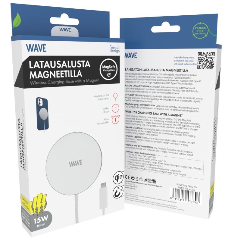 Wave Qi2 MagSafe langaton latausalusta 15W Wave magneettinen latausalusta USB-C-kaapelilla Qi2 ja MagSafe-laitteille 15W