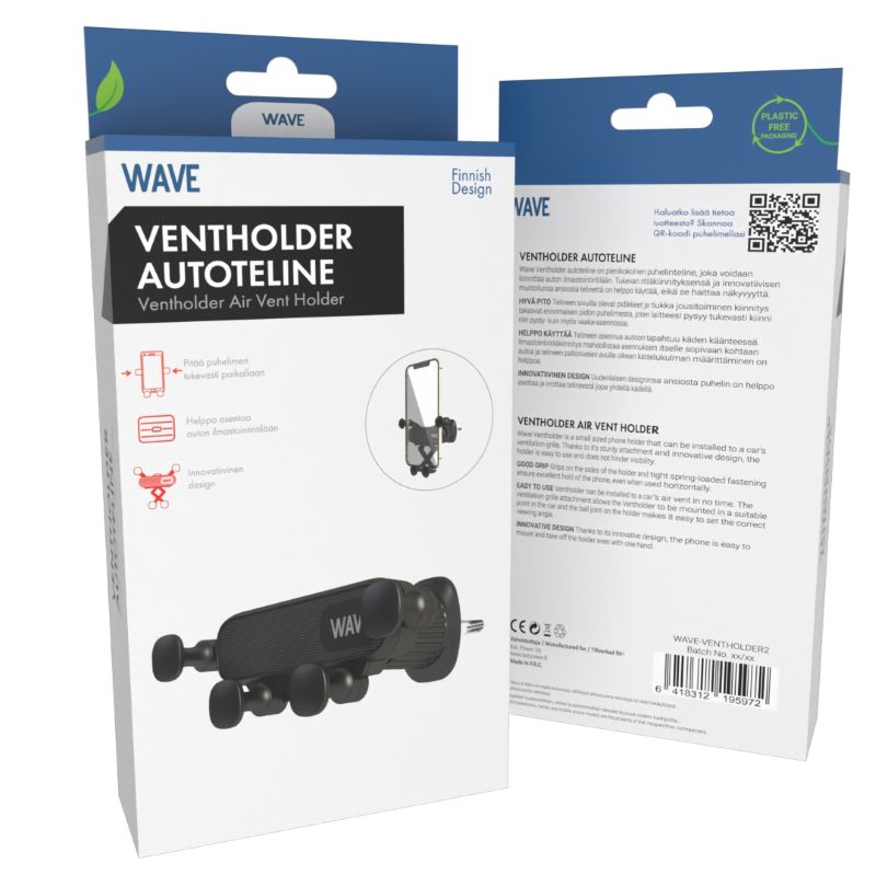Wave Ventholder autoteline, Musta1 Puhelin on helppo asettaa ja ottaa pois telineestä myös yhdellä kädellä. Väri: musta.